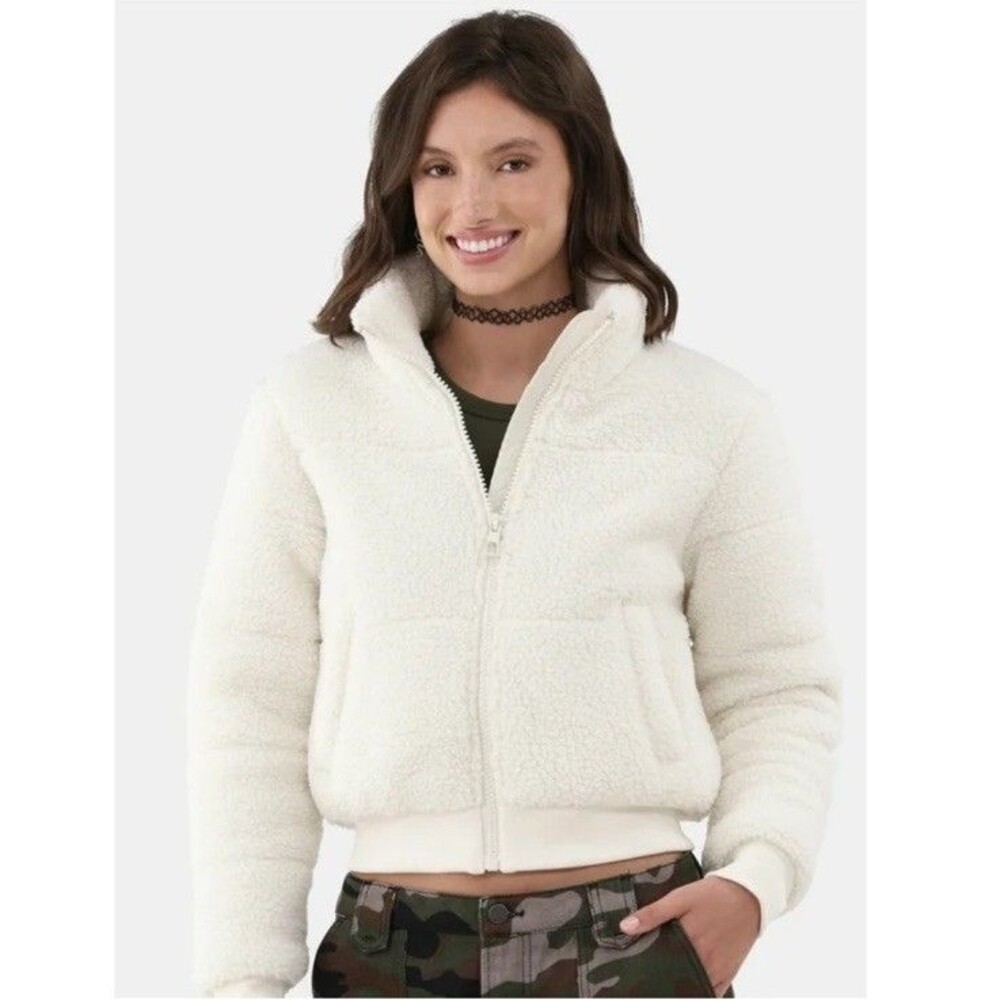 No Boundaries Zip Up Faux Fur Jacket Women's sz m Cream Lined Fit Girl 14-16